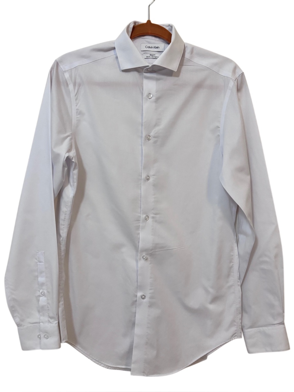 Calvin Klein Men’s White Steel + Slim-fit Herringbone Button Down Shirt Small